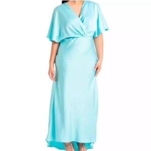 NWT ELOQUII Light Blue Satin Effect V-neck Maxi Formal Dress